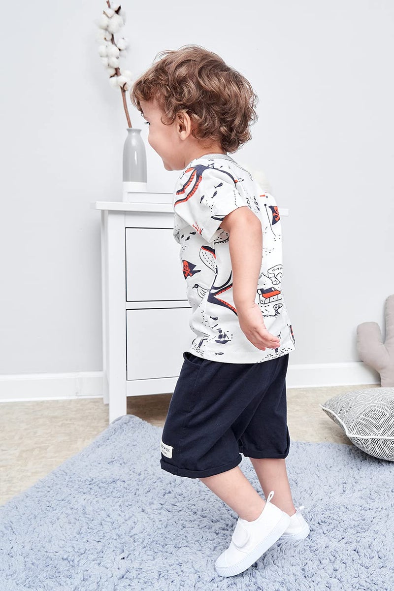 BINIDUCKLING Boy Pirate Print T-Shirt Navy Shorts Set Kid 2Pcs Summer Outfit Clothing Set Whale 2T - Image 2
